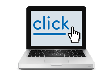 A laptop displaying a link that says click with the cursor hovering beside it.