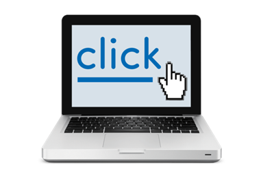 A laptop displaying a link that says click with the cursor hovering beside it.