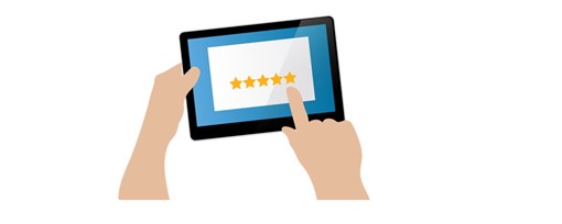 An illustration of hands selecting a star rating and giving feedback on a tablet