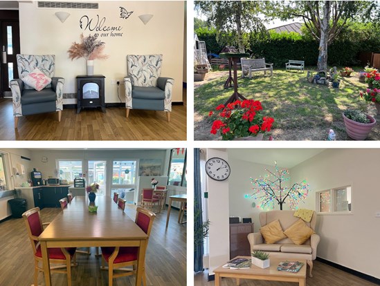 A collage of four pictures: top left a comfortable seating area, top right a garden with red flowers in bloom, bottom left a dining table in a kitchen, and top right a comfortable seating area lit by a tree with lights for petals.