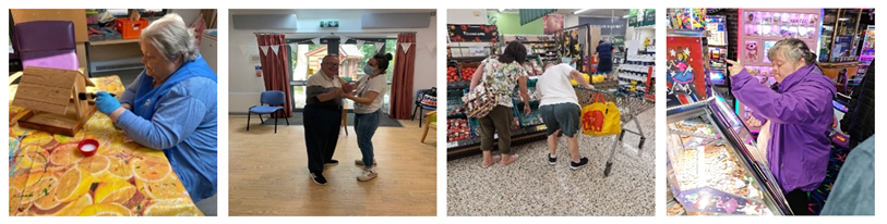 A collage of four pictures, a person painting a bird house, two people dancing, two people shopping, and a person playing a game at an arcade.