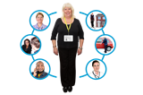 A woman in a lanyard circled by smaller images of other people who can provide support.