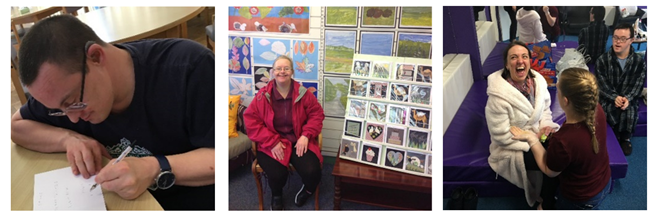 A collage of three pictures, a person writing, a person presenting some art, and a smiling person with a group around them