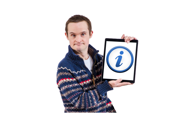 A young adult holding a tablet displaying an information page.