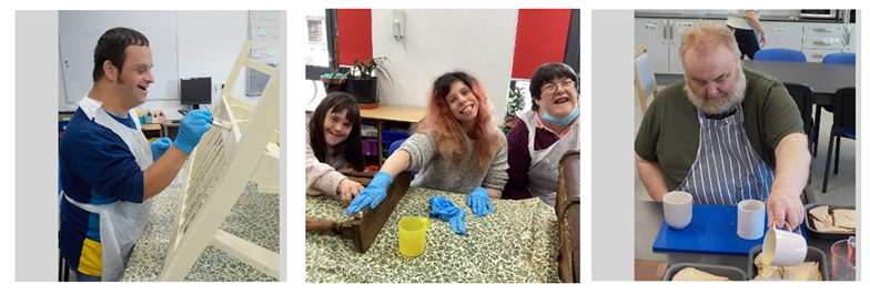 A collage of three pictures. On the left is a man painting a bench, in the centre are three ladies upcycling items, and on the right is a man making bread pudding.