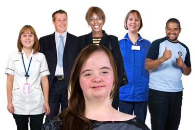 A smiling young adult in the foreground with health and social care professionals in the background.