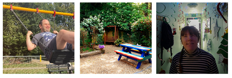 A collage of three pictures: a person on a swing, a garden plot with a rainbow painted bench and seating, and a person in a hallway decorated with seasonal streamers.
