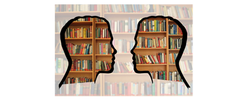 A silhouette of two heads looking at each other in front of a bookshelf.