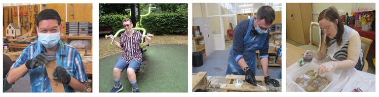 A collage of four pictures, a person sanding wood, one person using outdoor gym equipment, one person applying glue to wood, and one person interacting with sensory play.