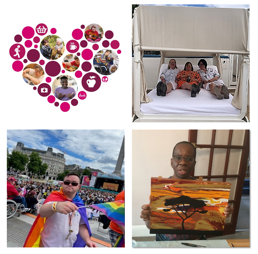 Four images in a collage: the shared lives heart logo, three persons on a bed, one person at a Pride festival waving a flag, one person with a tree painting.