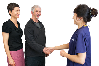 A man accompanied by an advocate shaking hands with a health professional. 