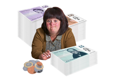 A woman looking thoughtful surrounded by money.