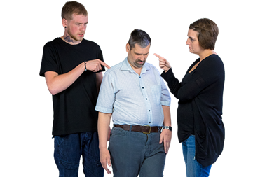 A man being bullied by two adults.