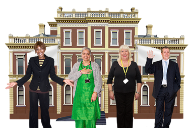 Professional people in front of a council building.
