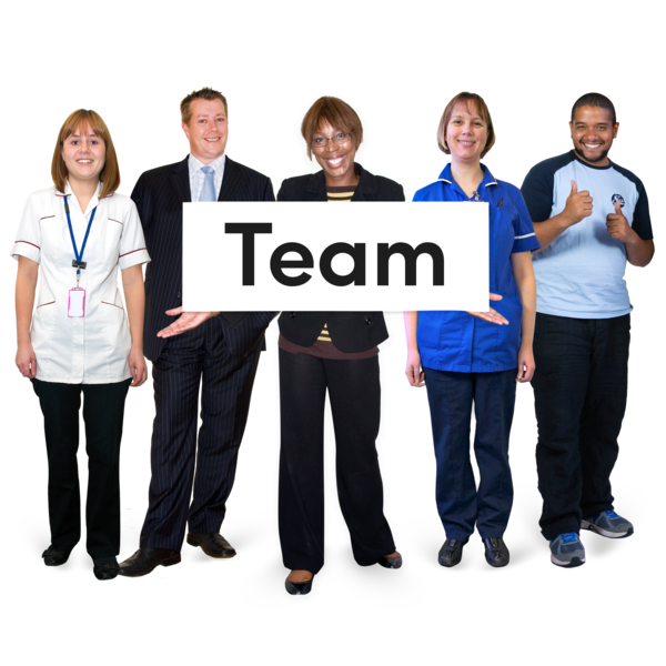 Health and social care professional holding a sign that says Team. 