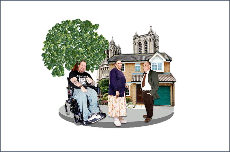 Three people in front of a house with a tree and cathedral in the background. 