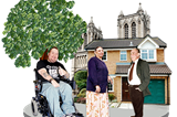 Three people in front of a house with a tree and cathedral in the background. 